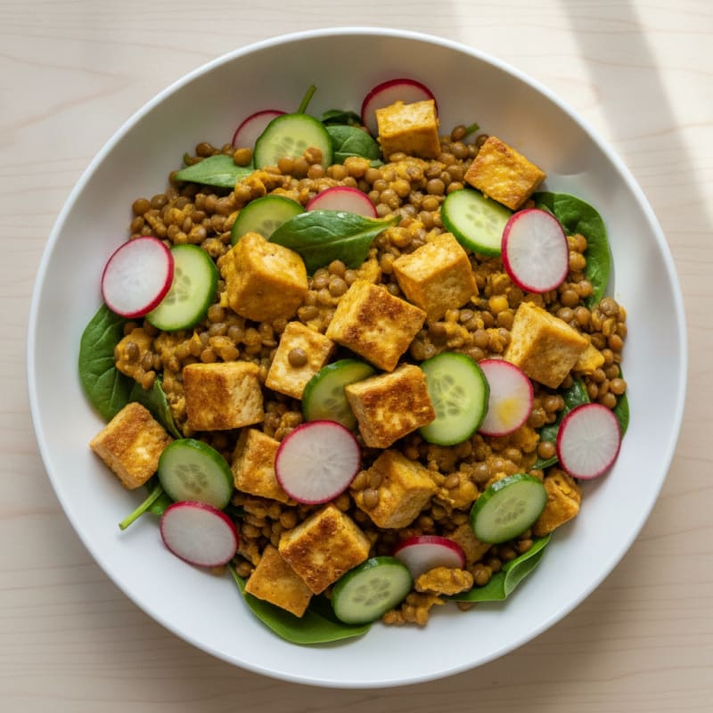 Creamy Lentil and Tofu Power Bowl with Crunchy Vegetables