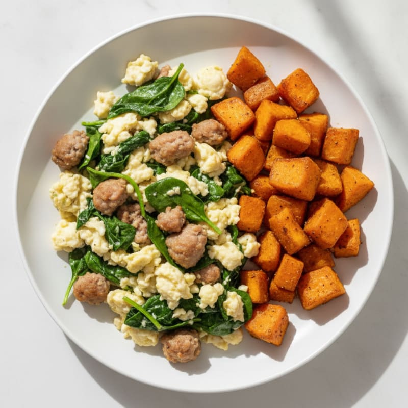 Egg White and Turkey Sausage Scramble with Spinach and Roasted Sweet Potatoes