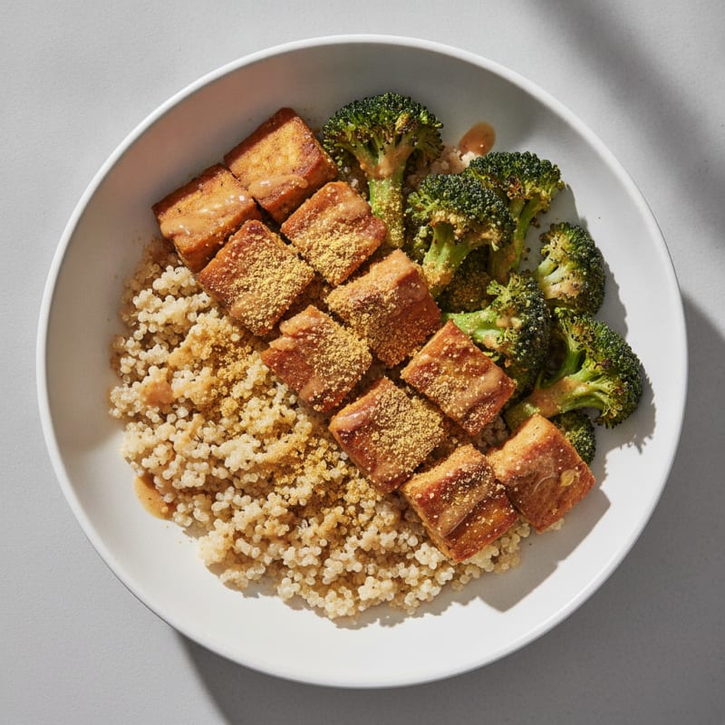 Crispy Tempeh Power Bowl with Quinoa and Roasted Broccoli