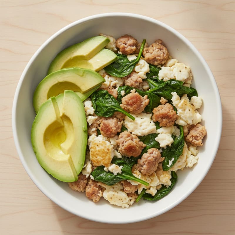 Scrambled Egg Whites with Turkey Sausage and Sautéed Spinach