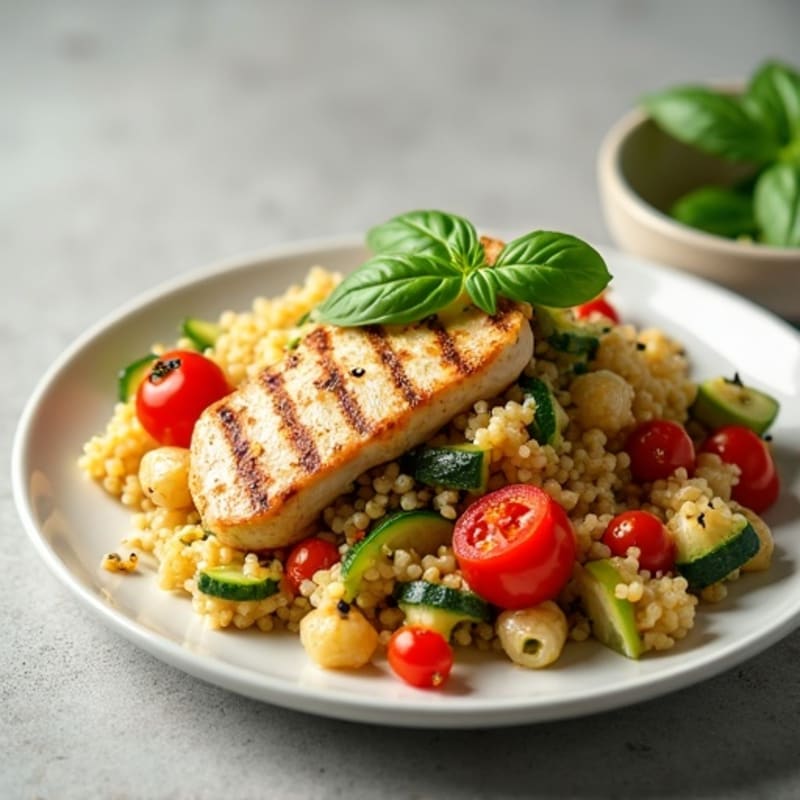 Grilled Chicken and Quinoa Pasta Salad with Roasted Vegetables
