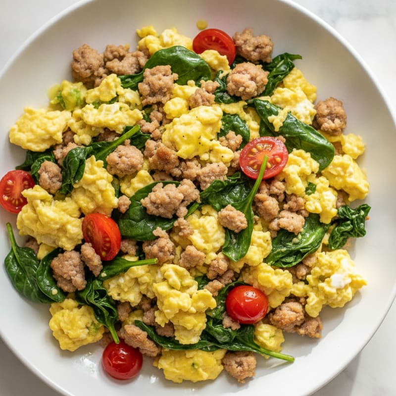 Scrambled Eggs with Turkey Sausage and Sautéed Spinach