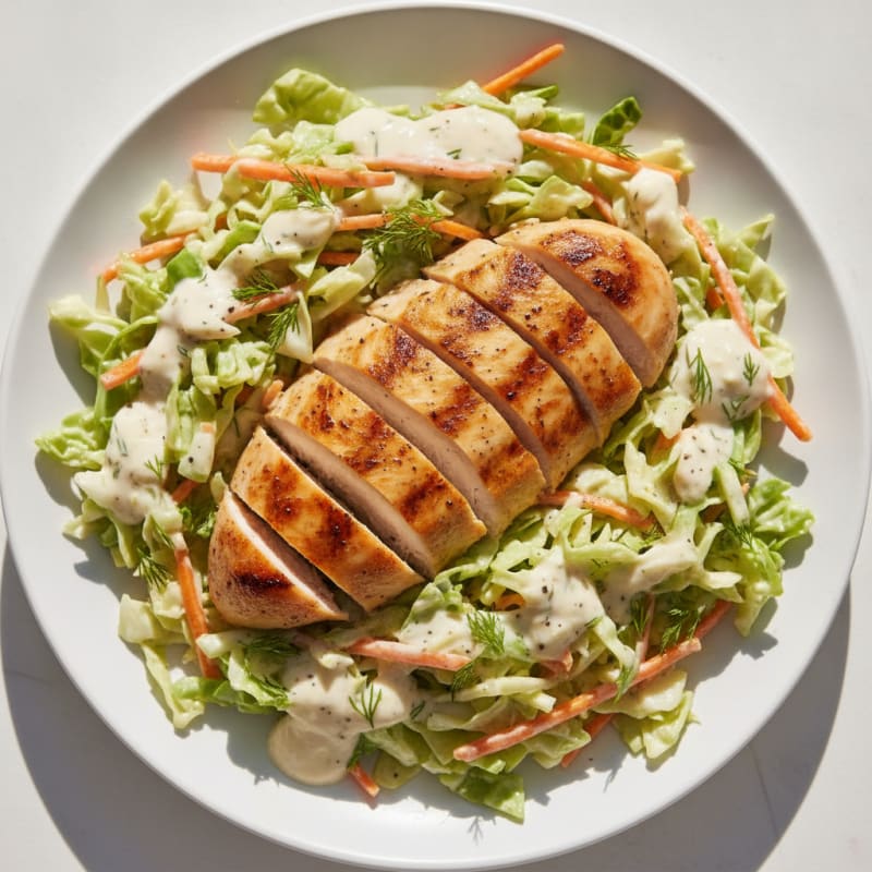 Grilled Chicken Breast with Crunchy Cabbage Slaw and Lemon Yogurt Dressing