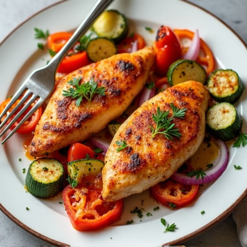 Sheet Pan Chicken and Roasted Vegetables with Creamy Roasted Red Pepper Hummus