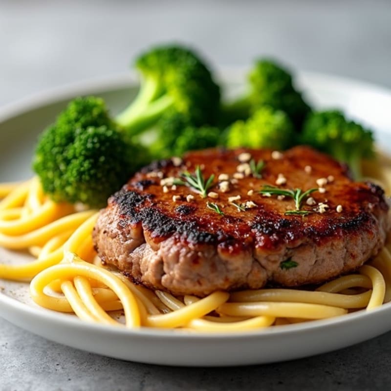 Hamburger Steak with Sautéed Broccoli and Garlic Noodles