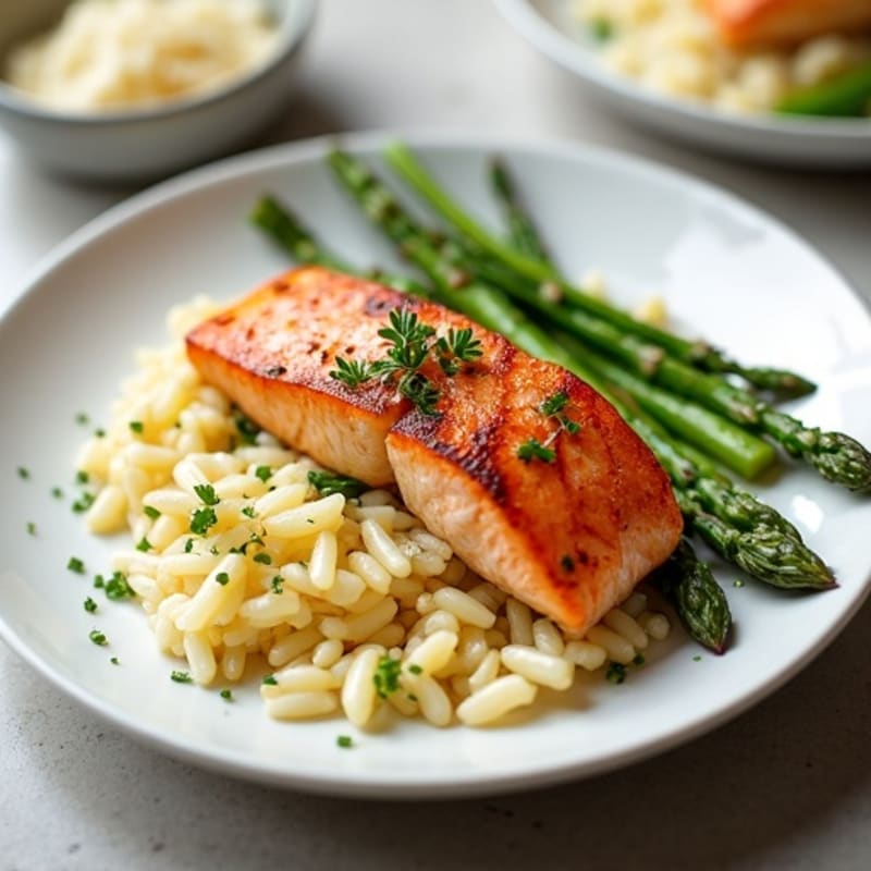 Seared Salmon with Creamy Parmesan Rice and Roasted Asparagus