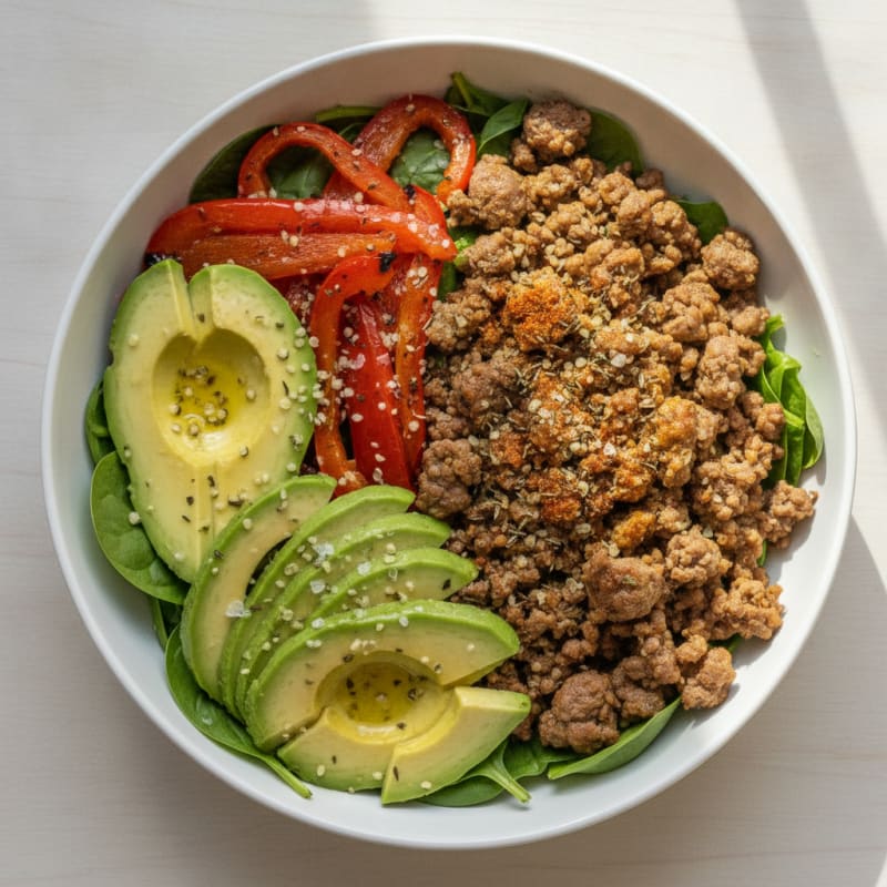 Beef and Avocado Bowl with Crispy Vegetables