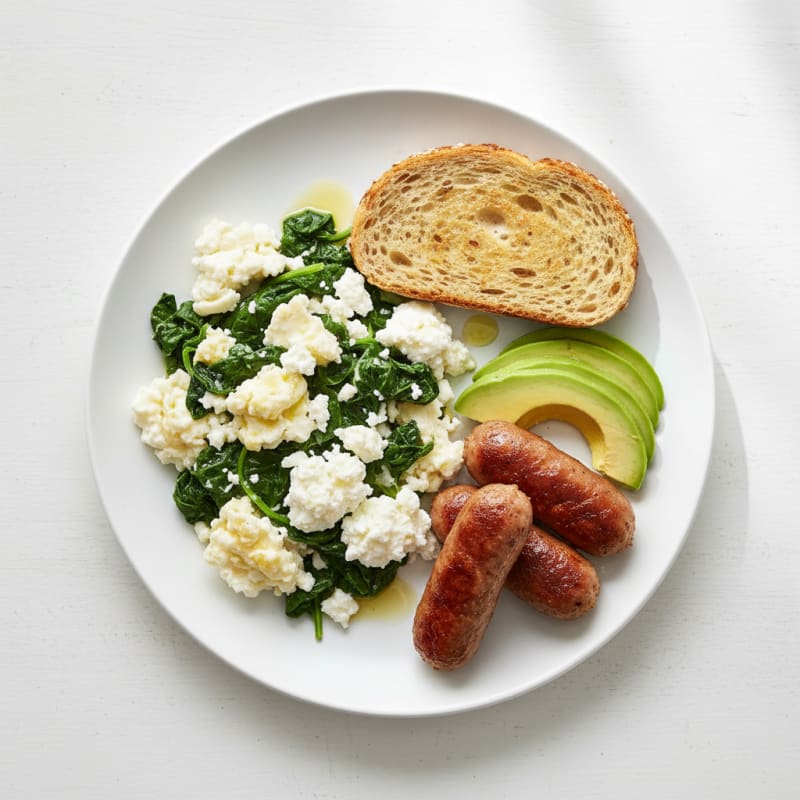Egg White Spinach Scramble with Cottage Cheese and Turkey Sausage