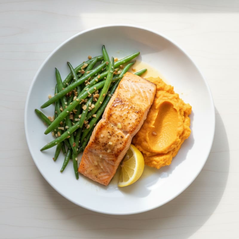 Seared Salmon with Garlic Green Beans and Sweet Potato Mash