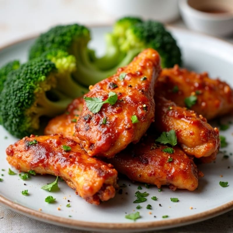 Crispy Baked Spicy BBQ Chicken Wings with Roasted Broccoli