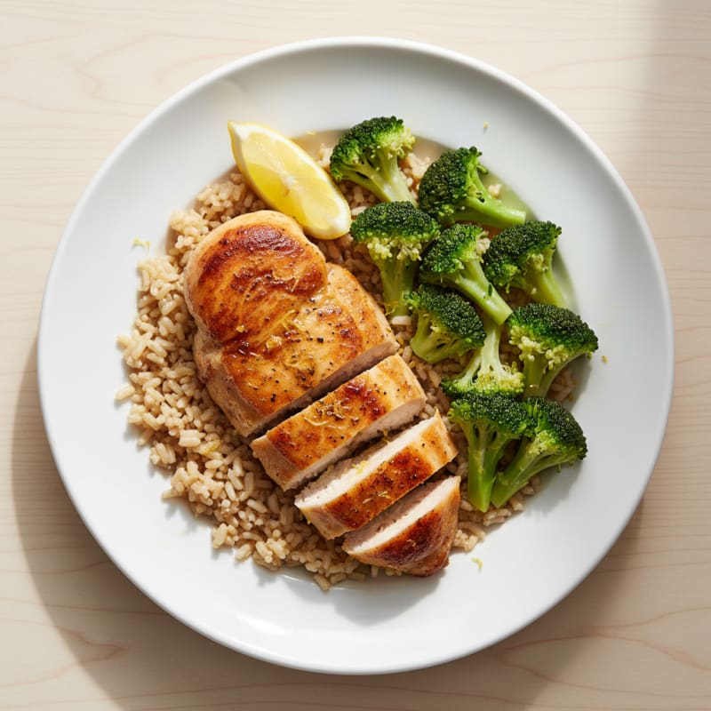 Seared Chicken Breast with Steamed Broccoli and Brown Rice