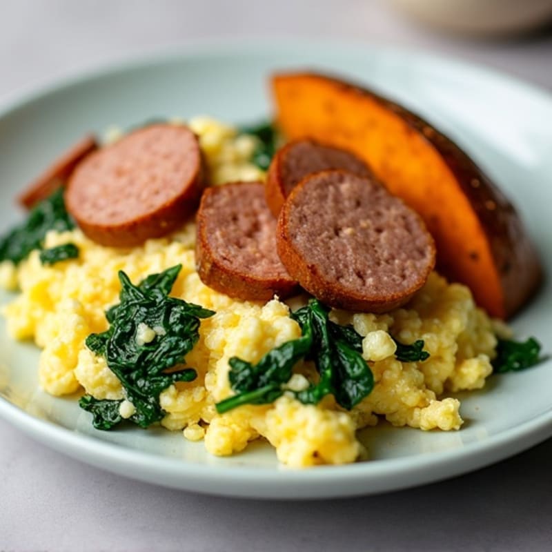 Egg White and Turkey Sausage Scramble with Spinach and Roasted Sweet Potato