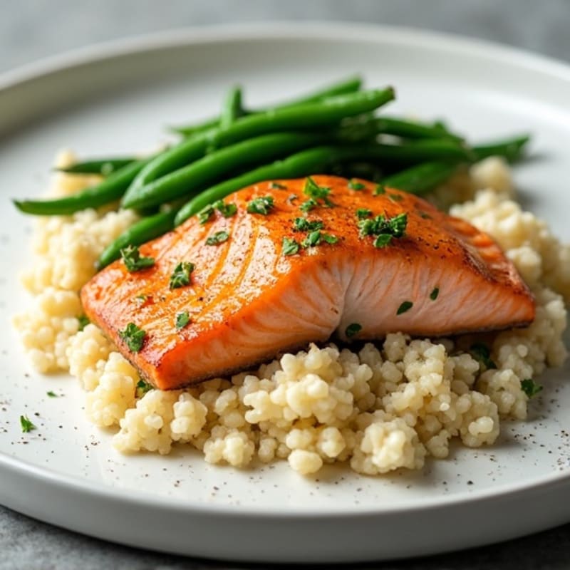 Seared Salmon with Garlic Green Beans and Cauliflower Rice