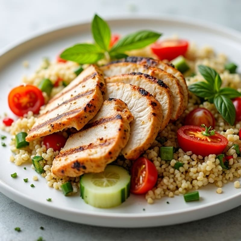 Grilled Chicken Breast and Quinoa Salad with Crunchy Vegetables