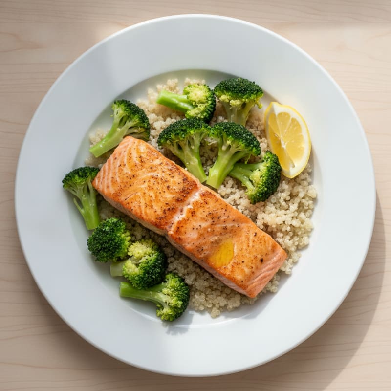 Seared Salmon with Steamed Broccoli and Quinoa
