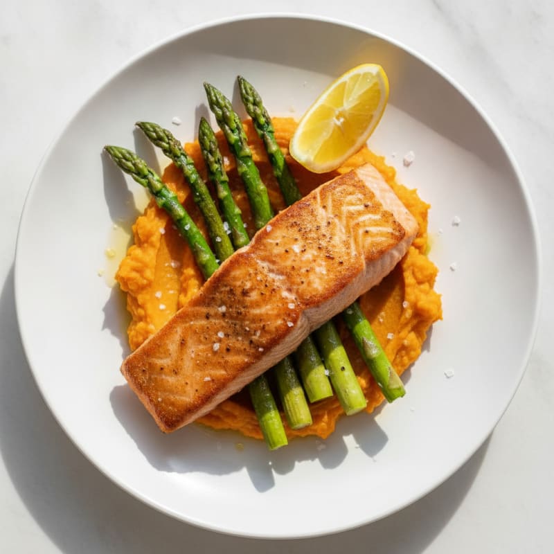 Seared Salmon Fillet with Roasted Asparagus and Sweet Potato Mash