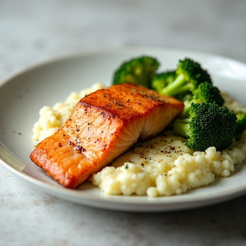 Seared Salmon with Roasted Broccoli and Garlic Mashed Cauliflower