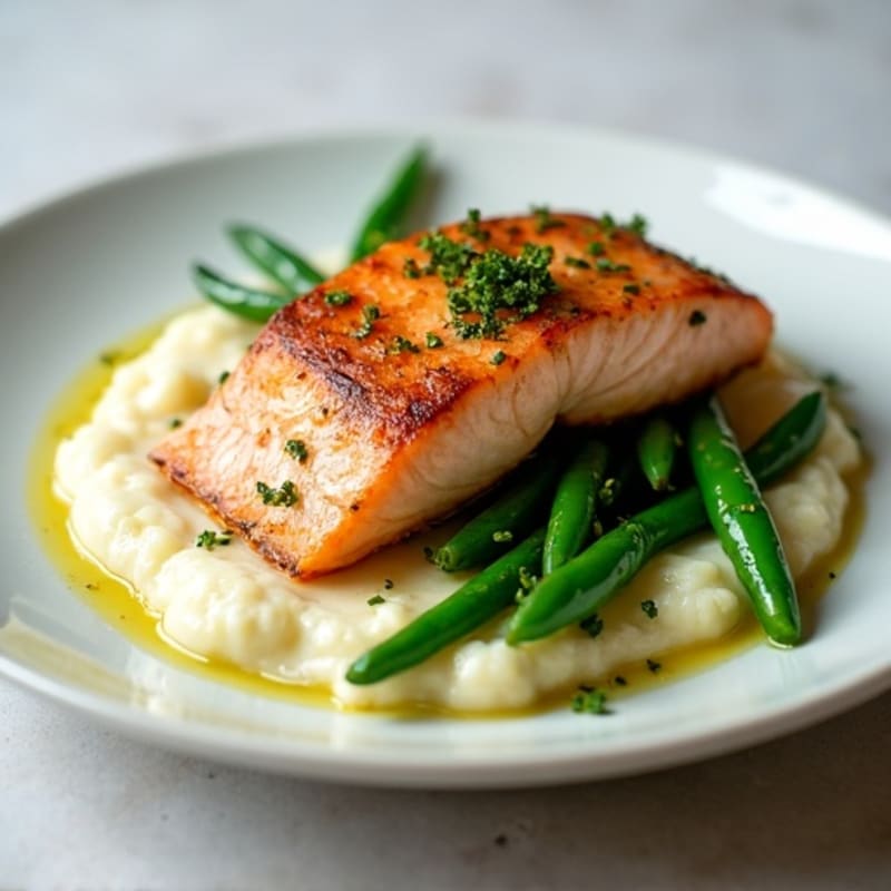 Seared Salmon Fillet with Garlic Green Beans and Cauliflower Mash