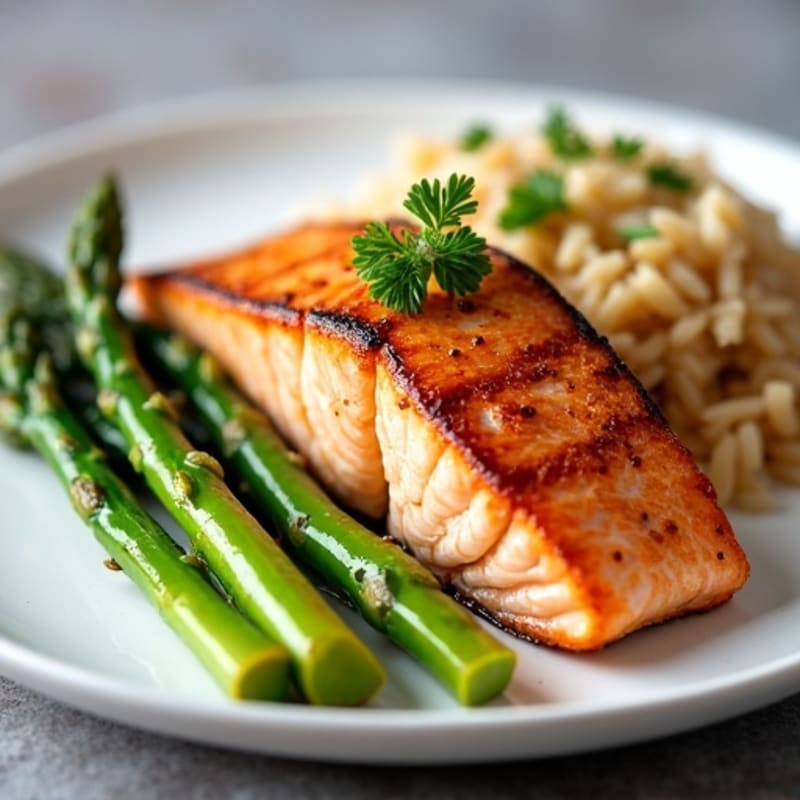 Seared Salmon Fillet with Steamed Asparagus and Brown Rice