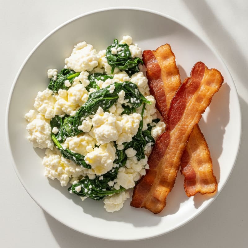 Egg White Spinach Scramble with Cottage Cheese and Turkey Bacon