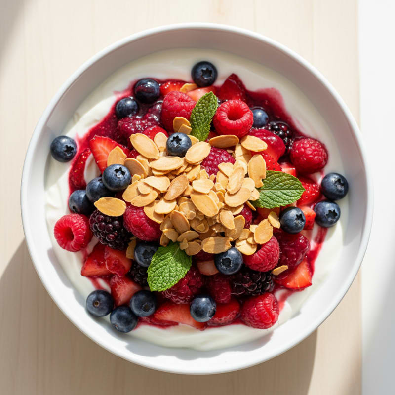 Greek Yogurt Protein Parfait with Mixed Berries and Almonds