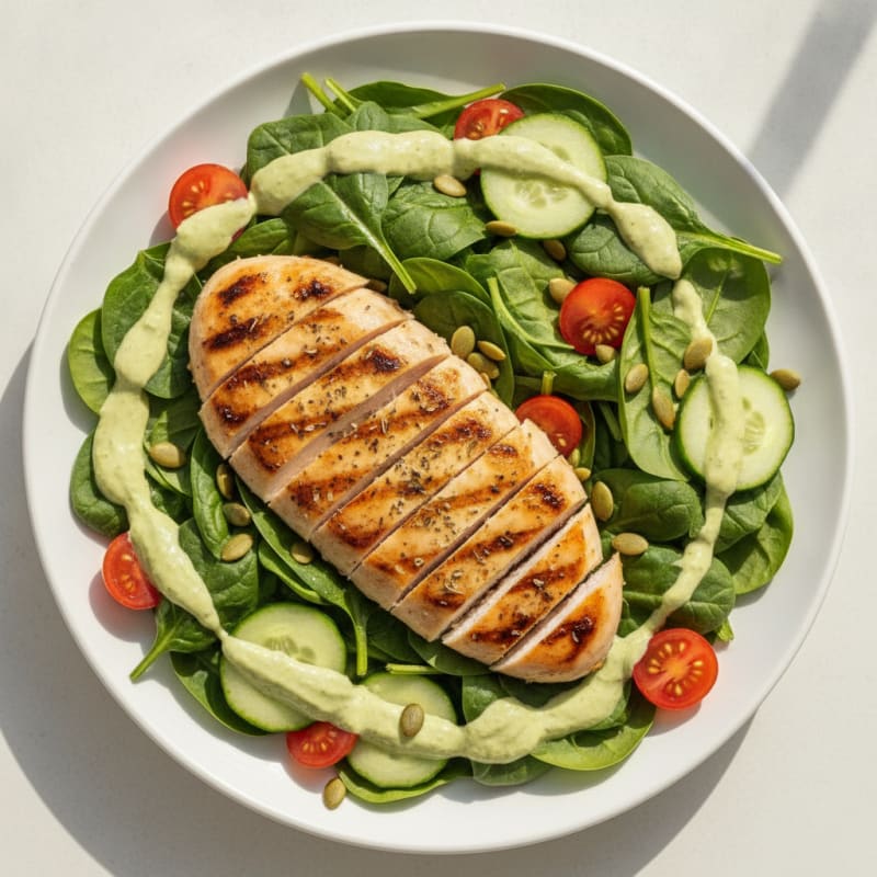 Grilled Chicken Spinach Salad with Creamy Avocado Dressing
