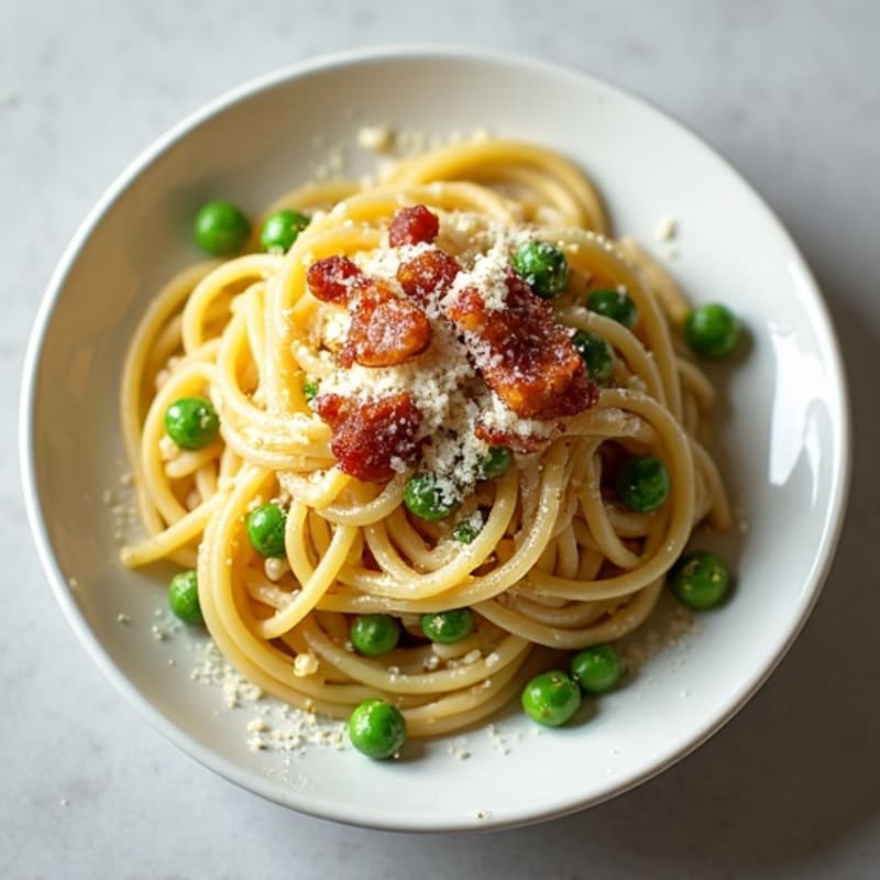 Lighter Creamy Spaghetti with Crispy Pancetta and Green Peas