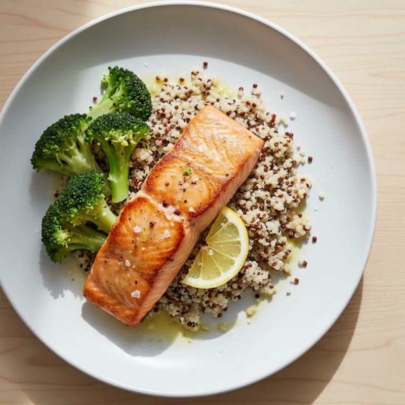 Seared Salmon Fillet with Steamed Broccoli and Quinoa