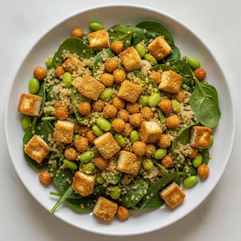 Crispy Tofu and Quinoa Power Salad with Roasted Chickpeas