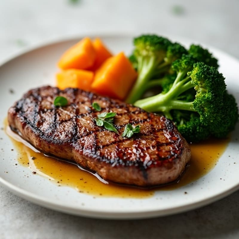 Seared Venison Steak with Roasted Sweet Potato and Steamed Broccoli