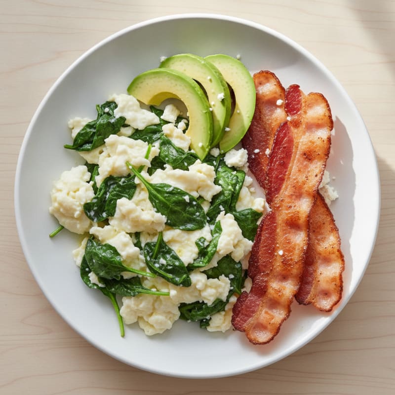Egg White Spinach Scramble with Grilled Turkey Bacon