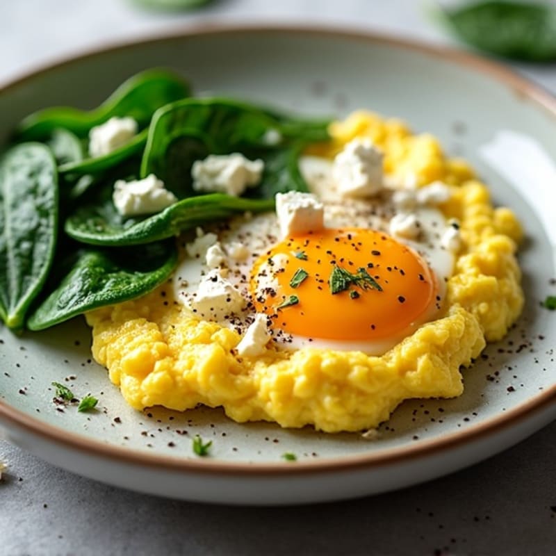 Fluffy Scrambled Eggs with Sautéed Spinach and Crumbled Feta