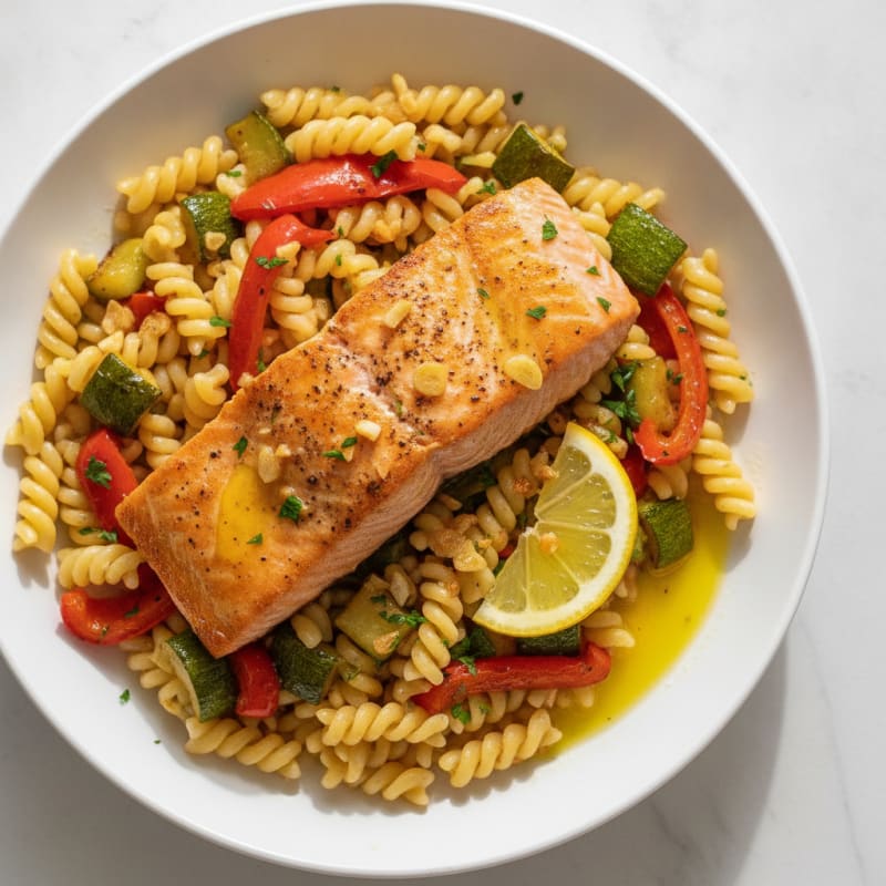 Seared Salmon with Roasted Vegetables and Chickpea Pasta