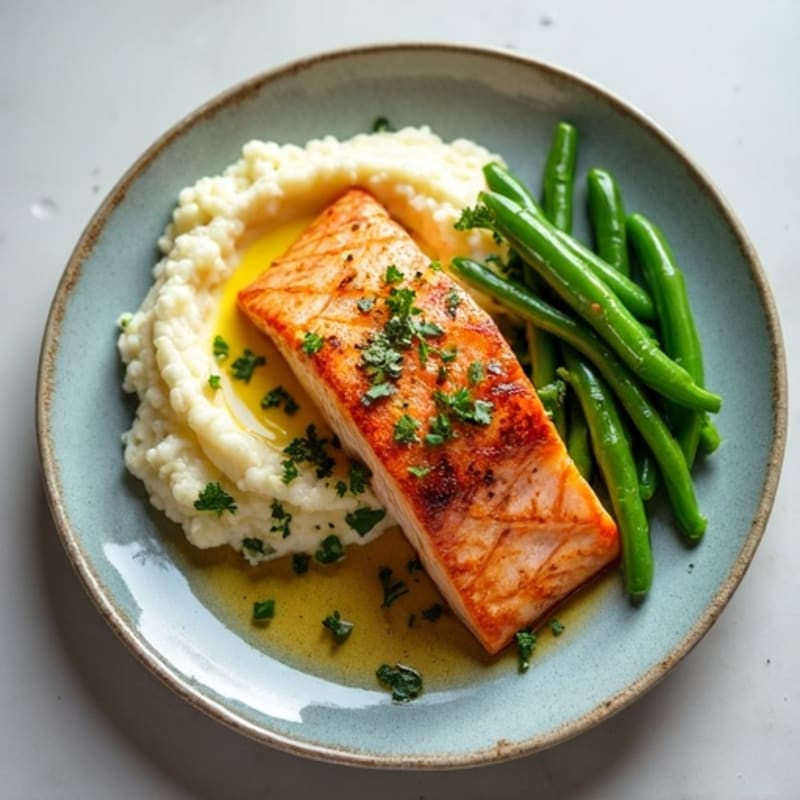 Seared Salmon with Garlic Green Beans and Cauliflower Mash