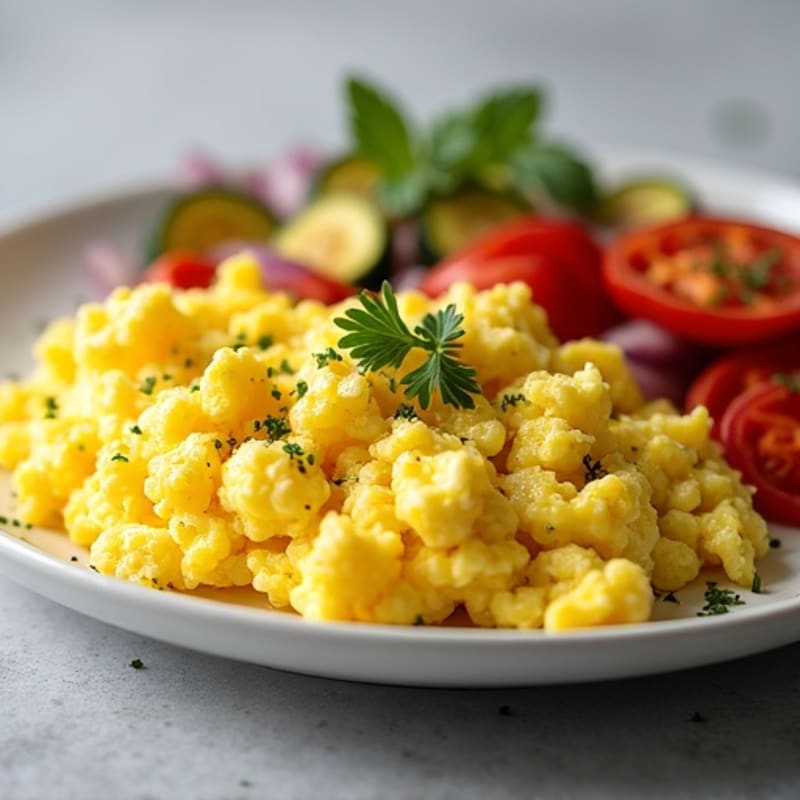 Fluffy Scrambled Eggs with Fresh Herbs and Roasted Vegetables