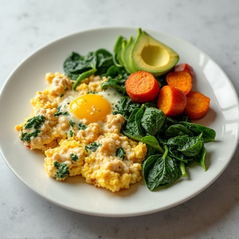Egg White and Turkey Spinach Scramble with Roasted Sweet Potato