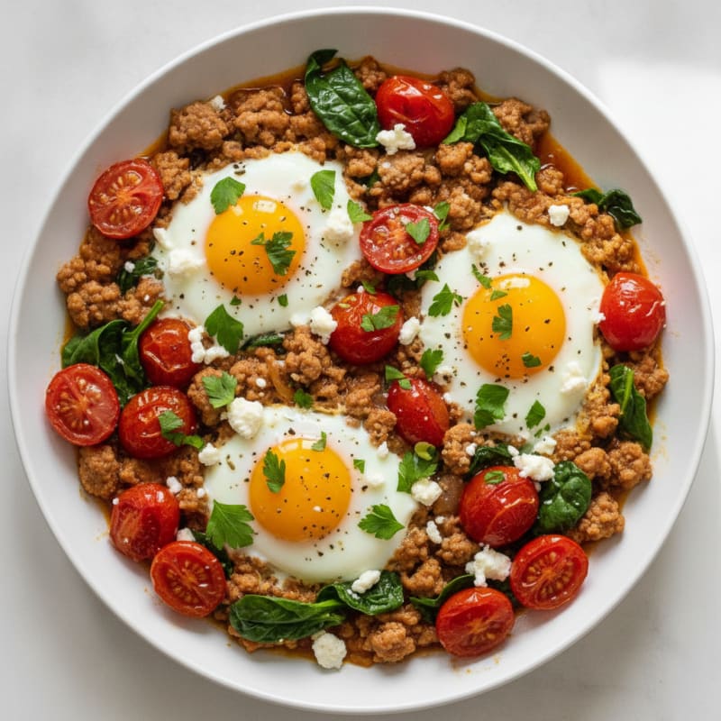 Baked Eggs with Roasted Tomatoes and Savory Turkey