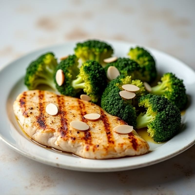 Grilled Chicken Breast with Roasted Broccoli and Almond Slivers