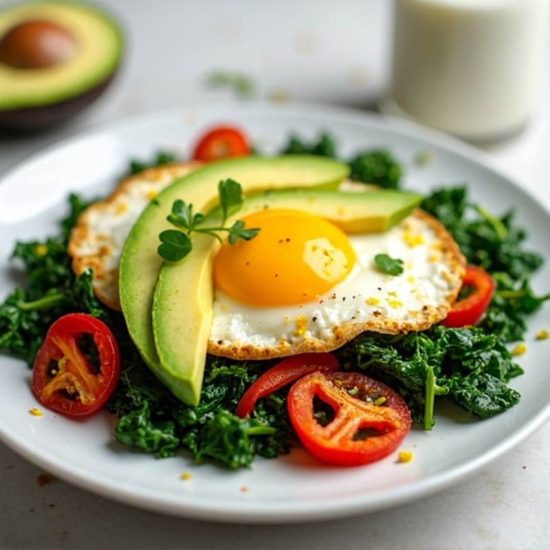Egg White Veggie Scramble with Cottage Cheese and Sautéed Spinach