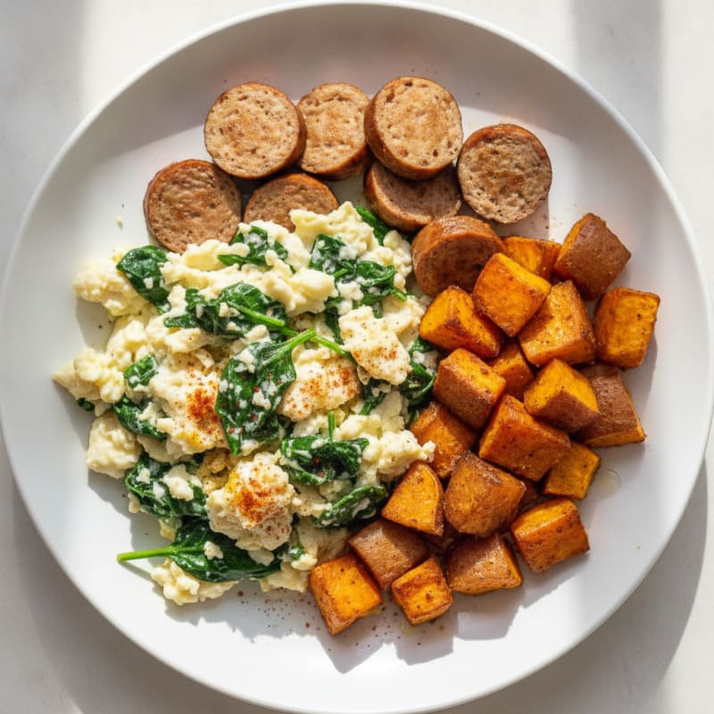 Egg White and Spinach Scramble with Turkey Sausage and Roasted Sweet Potatoes