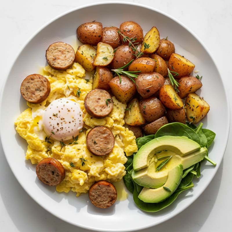 Scrambled Eggs with Chicken Sausage and Roasted Potatoes