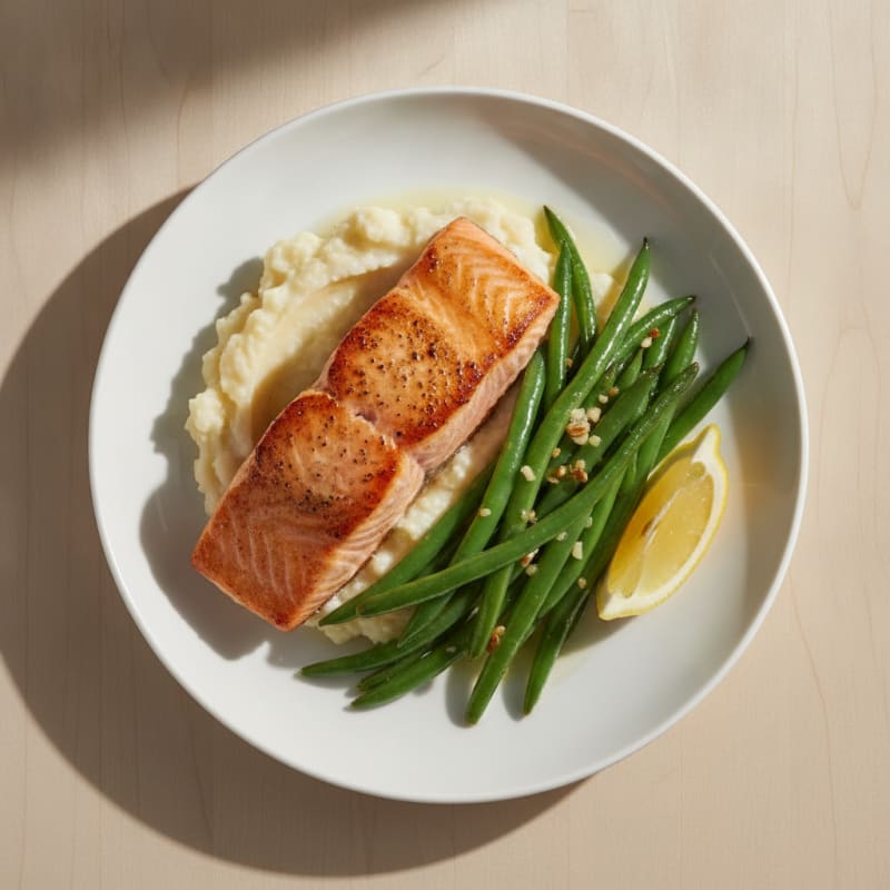 Seared Salmon with Garlic Green Beans and Cauliflower Mash