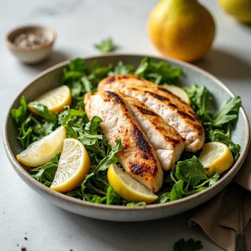 Grilled Chicken with Crisp Arugula, Pear, and Shaved Pecorino Salad
