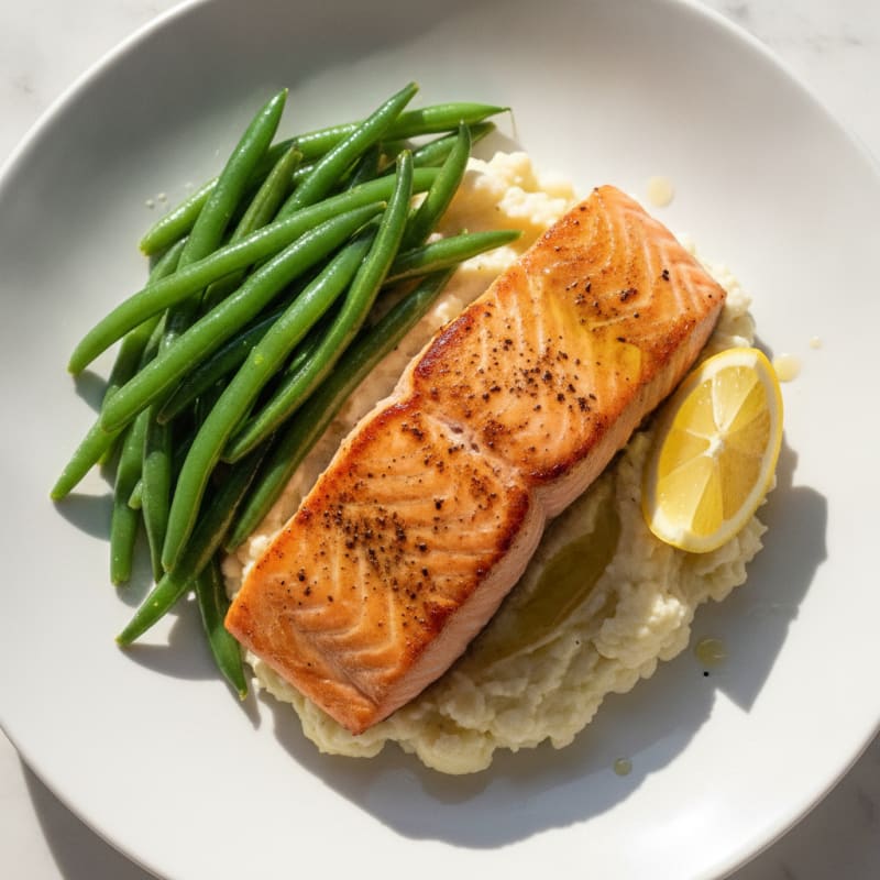 Seared Salmon Fillet with Steamed Green Beans and Garlic Mashed Cauliflower