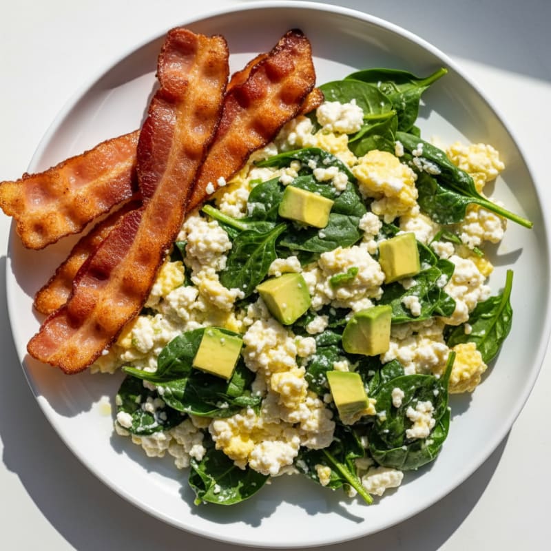Cottage Cheese Scramble with Spinach and Turkey Bacon