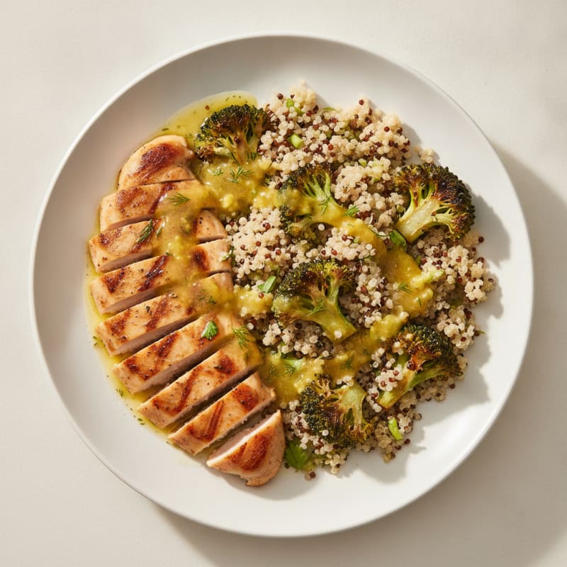Grilled Chicken Breast and Quinoa Salad with Roasted Broccoli