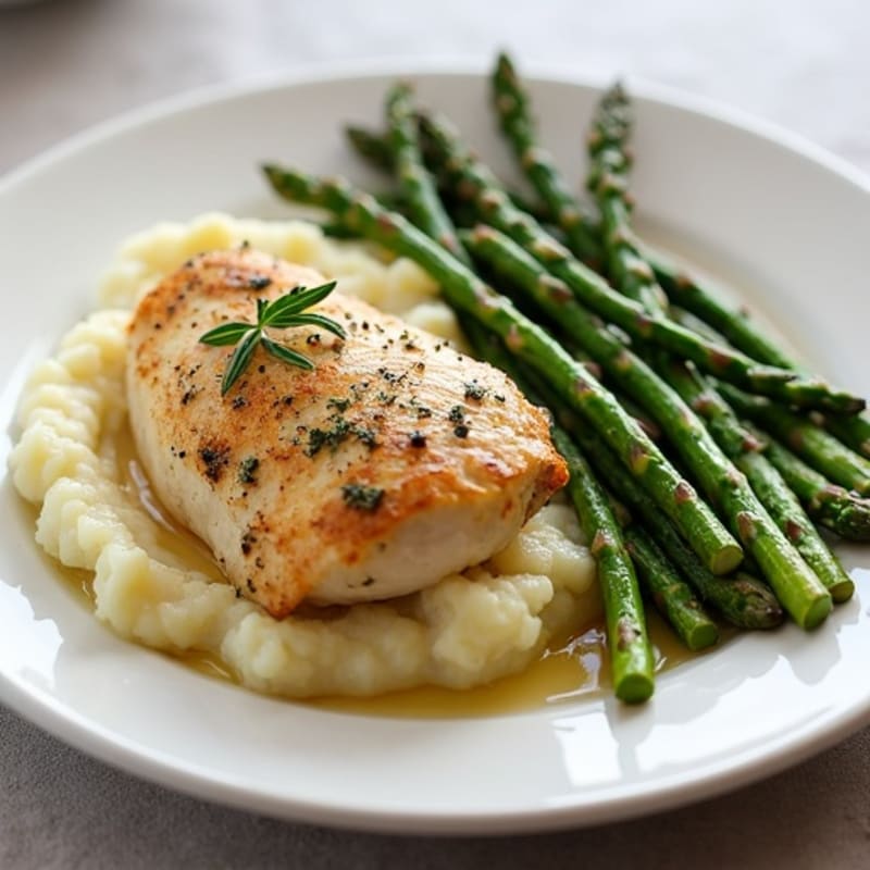 Herb-Roasted Chicken with Buttery Garlic Mashed Potatoes and Roasted Asparagus