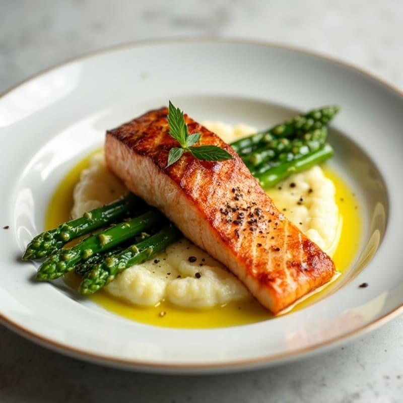 Seared Salmon with Steamed Asparagus and Cauliflower Mash