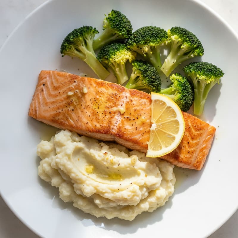 Seared Salmon Filet with Steamed Broccoli and Garlic Mashed Cauliflower