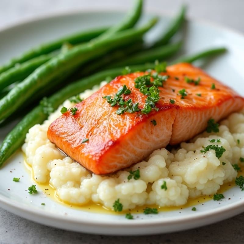 Baked Salmon with Garlic Green Beans and Cauliflower Mash